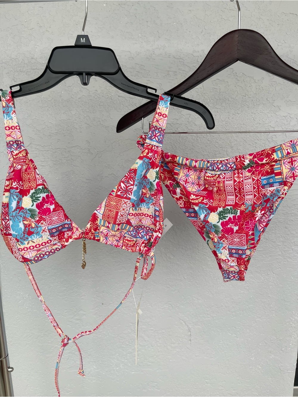 Vibrant Tropical Red Patchwork Print Bikini Set w/ Gold Palm Charm M